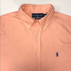 Men’s Polo long sleeve dress shirt in peach.